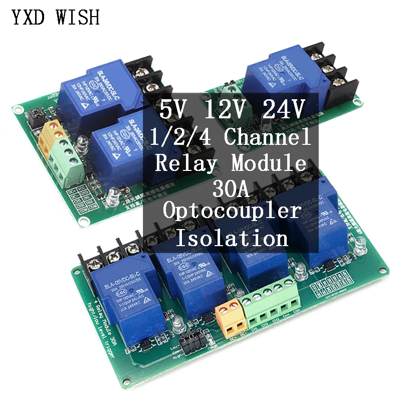 

1 2 4 Channel Relay Module 30A with optocoupler isolation Supports High and Low Triger Trigger DC 5V 12V 24V Relays Board