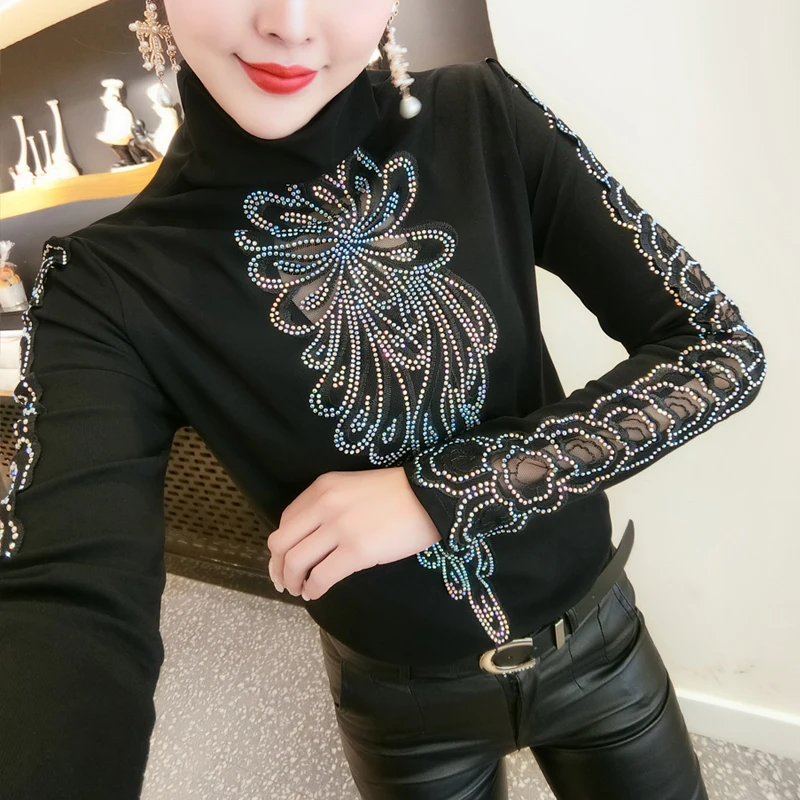 Осень-зима 2020 топ со стразами Облегающая рубашка с коротким рукавом женские топы