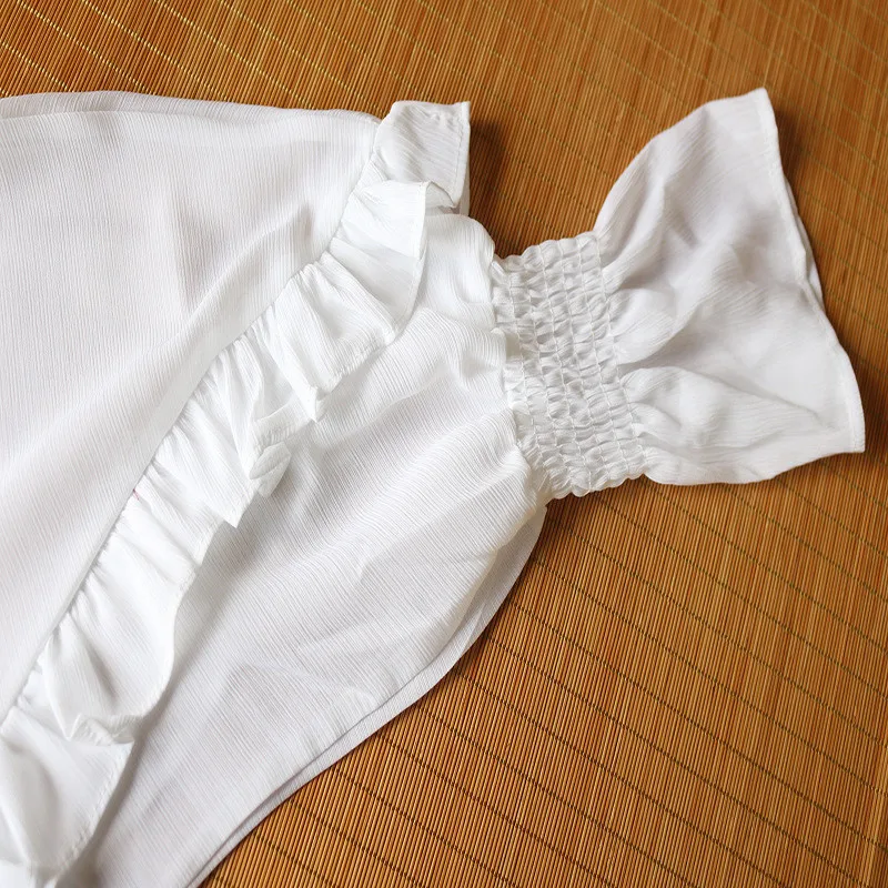 

Elegant Women Ruffles Chiffon Blouses Solid Turtleneck Long Sleeve Tops Fashion See-through Ladies Flare Sleeve Plain Shirts