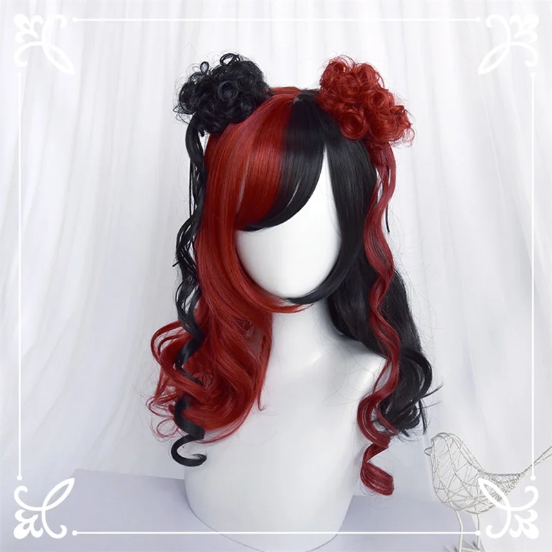

CosplayMix 4 Style 55-70 CM Lolita Long Curly Bangs Black White Red Half Ombre Cute Japan Synthetic Party Cosplay Wig+Cap