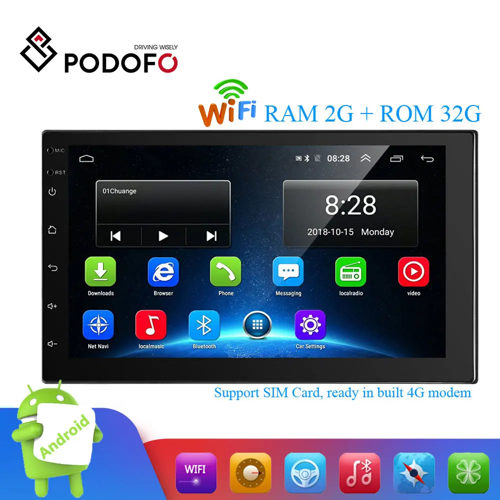 Podofo 2 Din Android автомобильный мультимедийный 2G+ 32G 7 дюймов Автомобильный Радио GPS навигация WIFI Bluetooth MP5 плеер поддержка 4G LTE SIM сеть