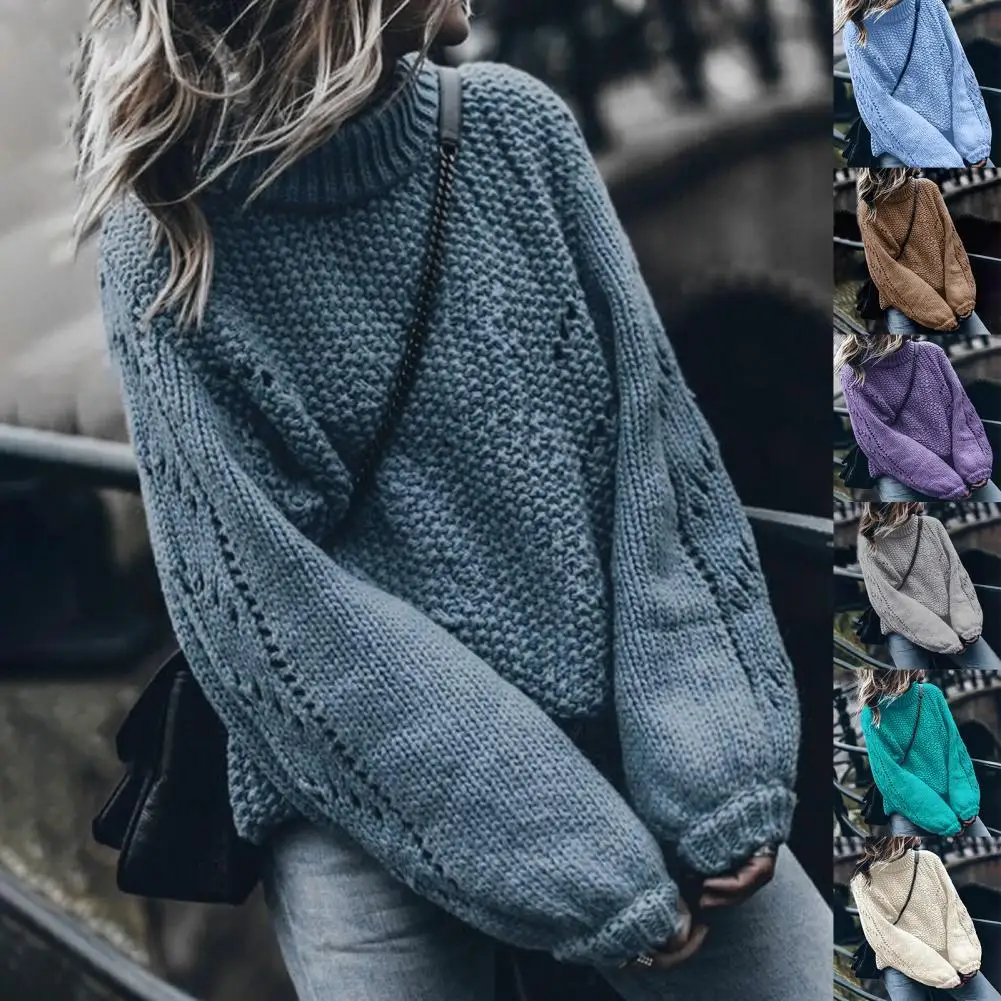 

Женский однотонный вязаный свитер, пуловер с длинным рукавом и воротником-стойкой, Осень-зима