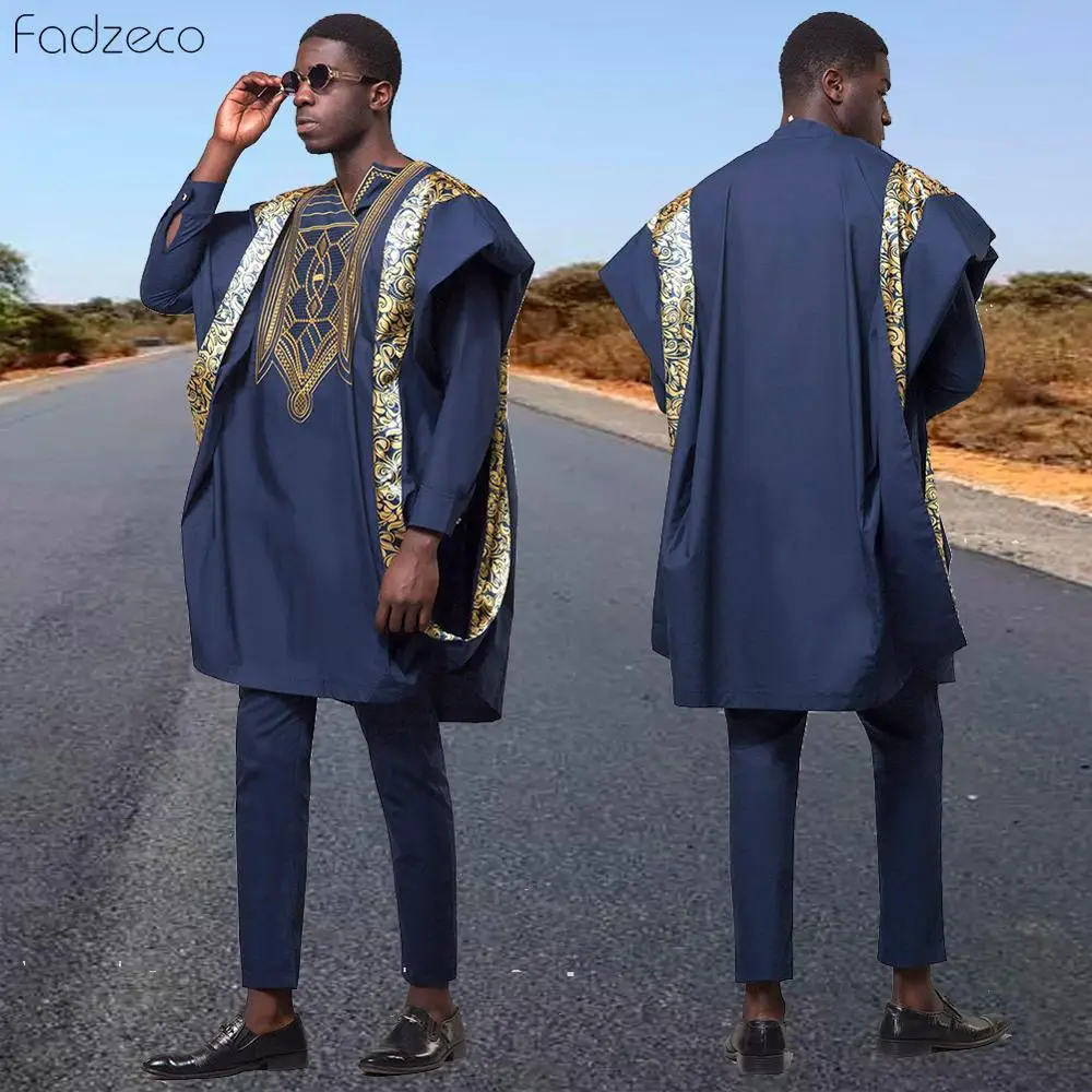 Fadzeco африканские мужские костюмы Дашики топ рубашка брюки комплект из 3 предметов