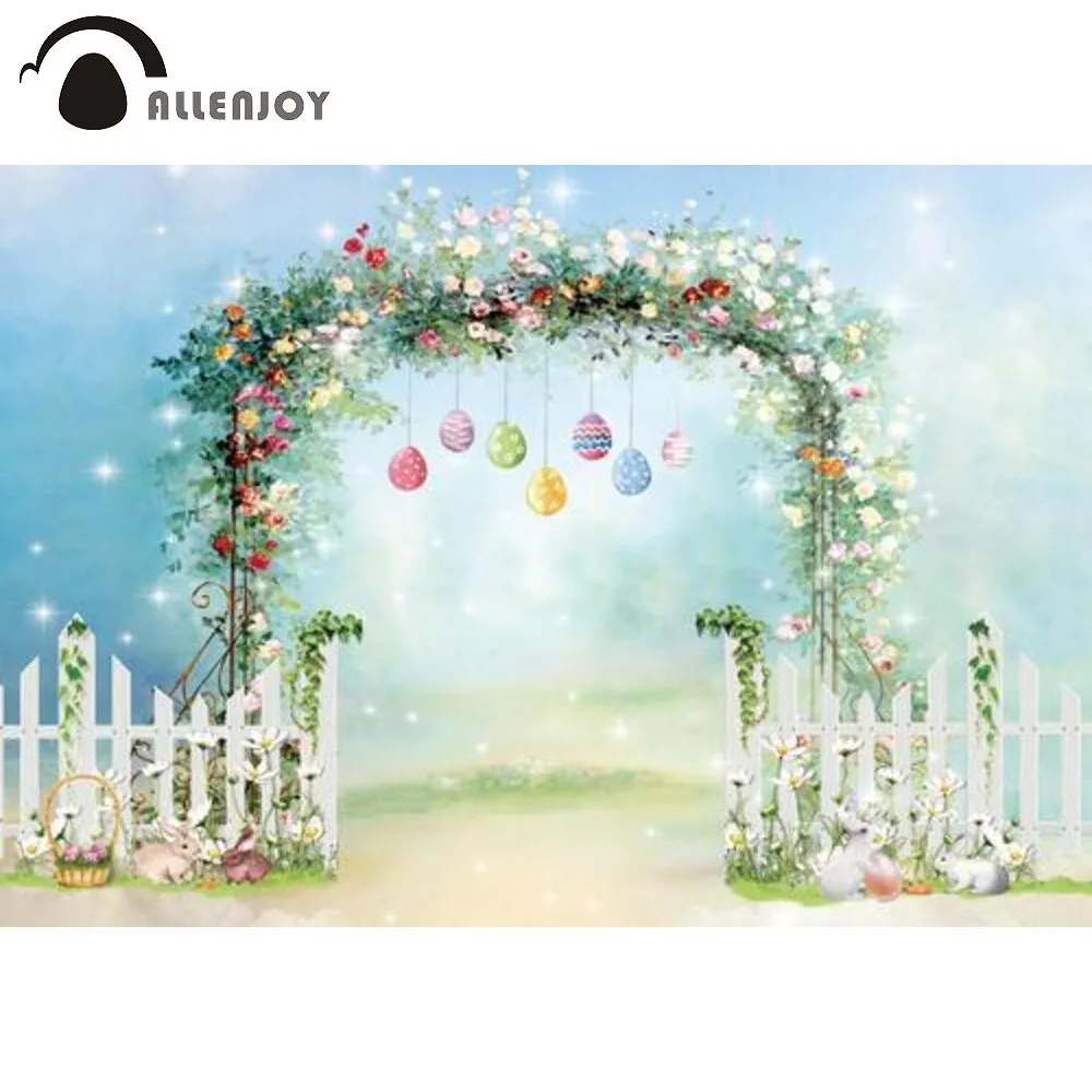 

Allenjoy Spring Easter Floral Backdrop Bunny Colorful Eggs Fence Decor Wallpaper Newborn Photography Background Photo Booth