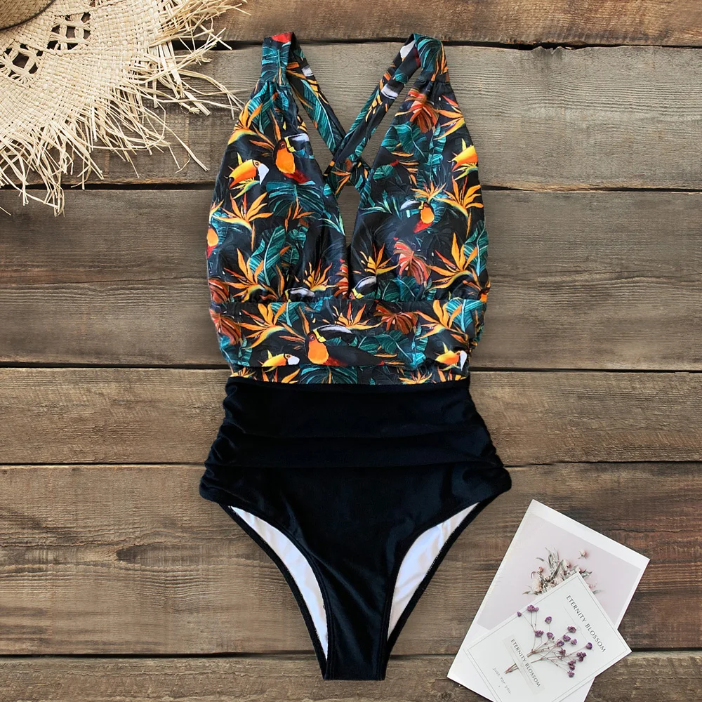 Фото Green In The Forest One-piece Swimsuit Women Deep V neck Back Cutout Ruffle Monokini 2021 Summer Bathing Suit Swimwear Спорт и Green In The Forest One-piece Swimsuit Women Deep V neck Back Cutout Ruffle Monokini 2021 Summer Bathing Suit Swimwear Спорт и
