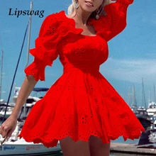 Elegante oco para fora vestidos de festa sólidos mulheres sexy rendas retalhos babados vestido verão solto gola quadrada vestido casual (1)