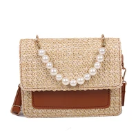 straw bag womens 2021 new summer simple small square bag beach vacation one shoulder messenger bag pearl handbag