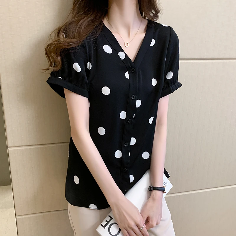 

Office Lady Polka Dot V Neck Women Shirts 2021 Summer Short Sleeve Chiffon Women Blouse Tops Plus Size Printing Clothing 13899