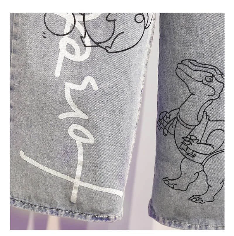 

Spring Woman Pants New Cartoon Jeans for Men and Women Sesame Street Graffiti Bf Loose Korean Tide Wide-leg Large Size