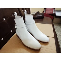 2021 new men shoes handmade white pu round head low heel belt single buckle fashion trend christmas dress ankle boots ks484