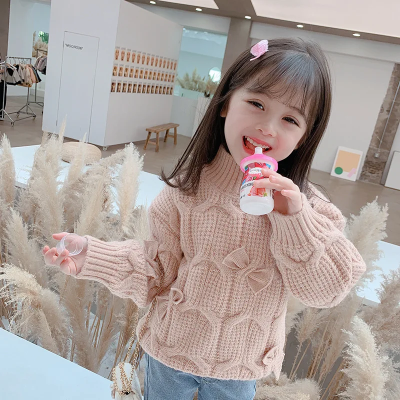 

Baby Girls Bow Knitting Winter Warm Spring Children's Sweater Kids Plus Velvet Teens Tops Thicken Bottoming High Quality