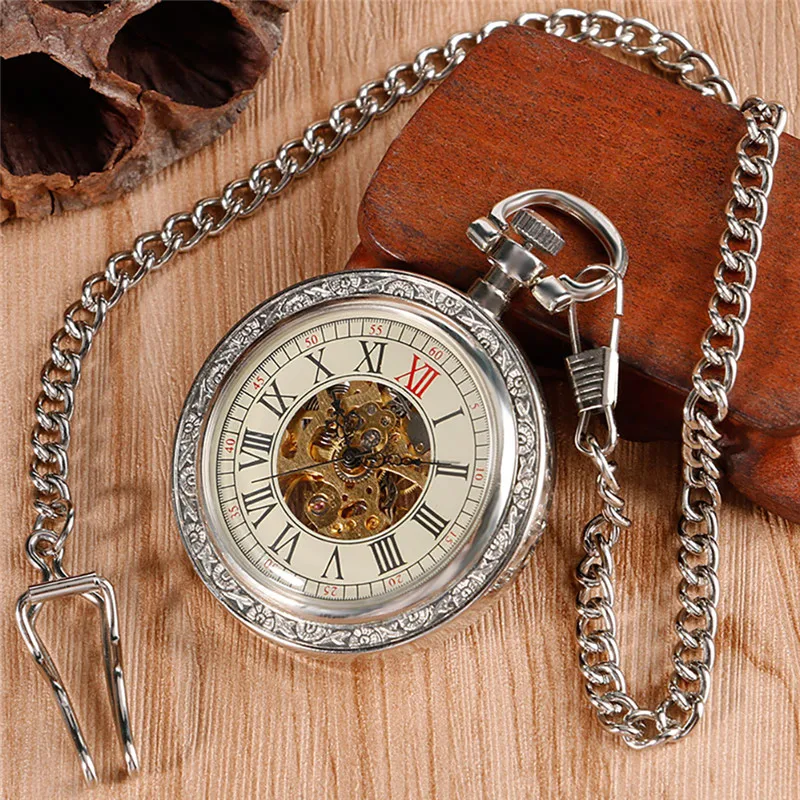 Silver Antique Watch Men Women Skeleton Handwinding Mechanical Pocket Watches Roman Number Dial 30Cm Fob Chain Relogio De Bolso