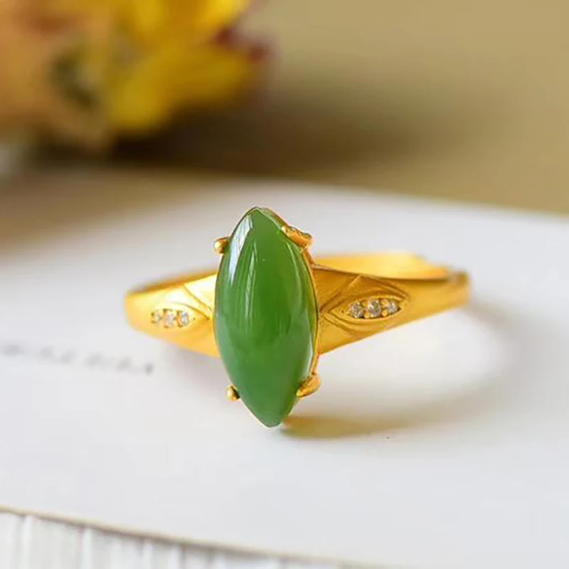 

New silver natural Hetian green jade horse eye stone exquisite light luxury elegant opening adjustable male and female ring