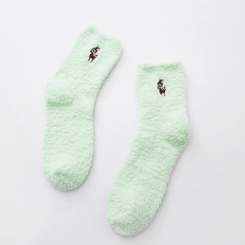 deer-green Женские носки с вышивкой, утепленные хлопковые, милые, плюшевые, сохраняющие тепло, женские, забавные, зимние носки, пушистые, kawaii, 1 пара - Цвет: deer-green