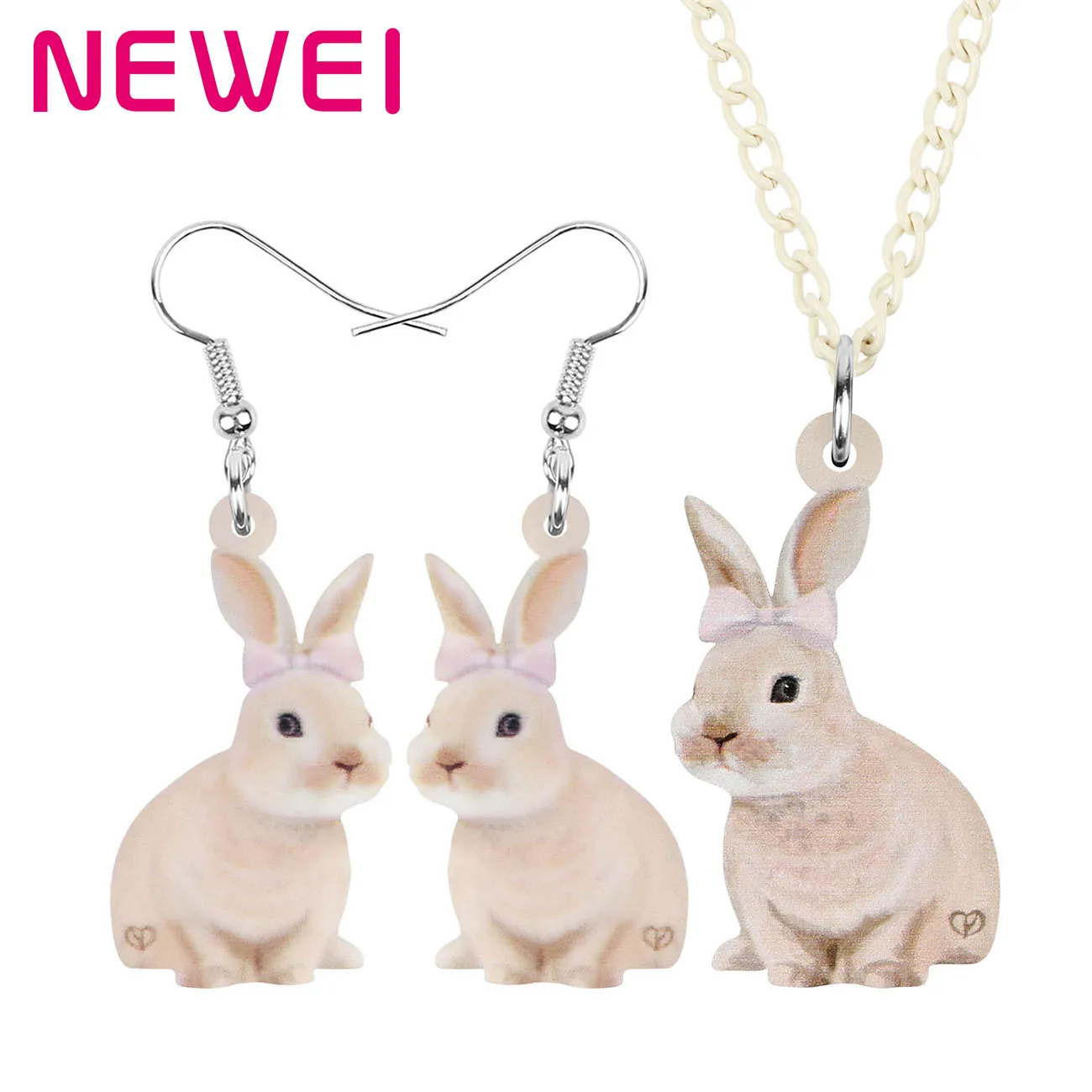 

Newei Acrylic Brown Easter Hare Rabbit Bunny Jewelry Sets Long Cute Animal Earrings Necklace For Women Girl Charm Gift Accessory