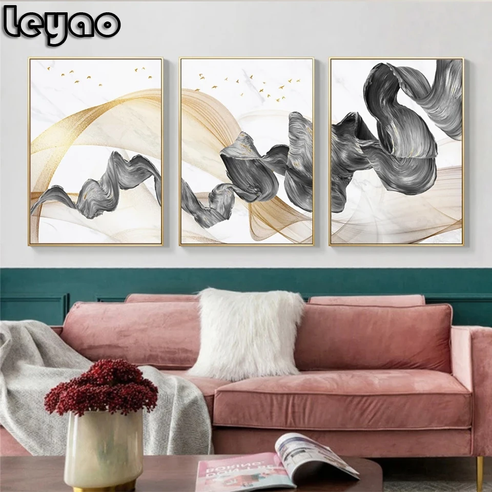 

3pcs Gold Grey Decor Abstract Line Luxe Wall Art Diamond Painting Dropship Home Decor Full Diamond Embroidery Triptych