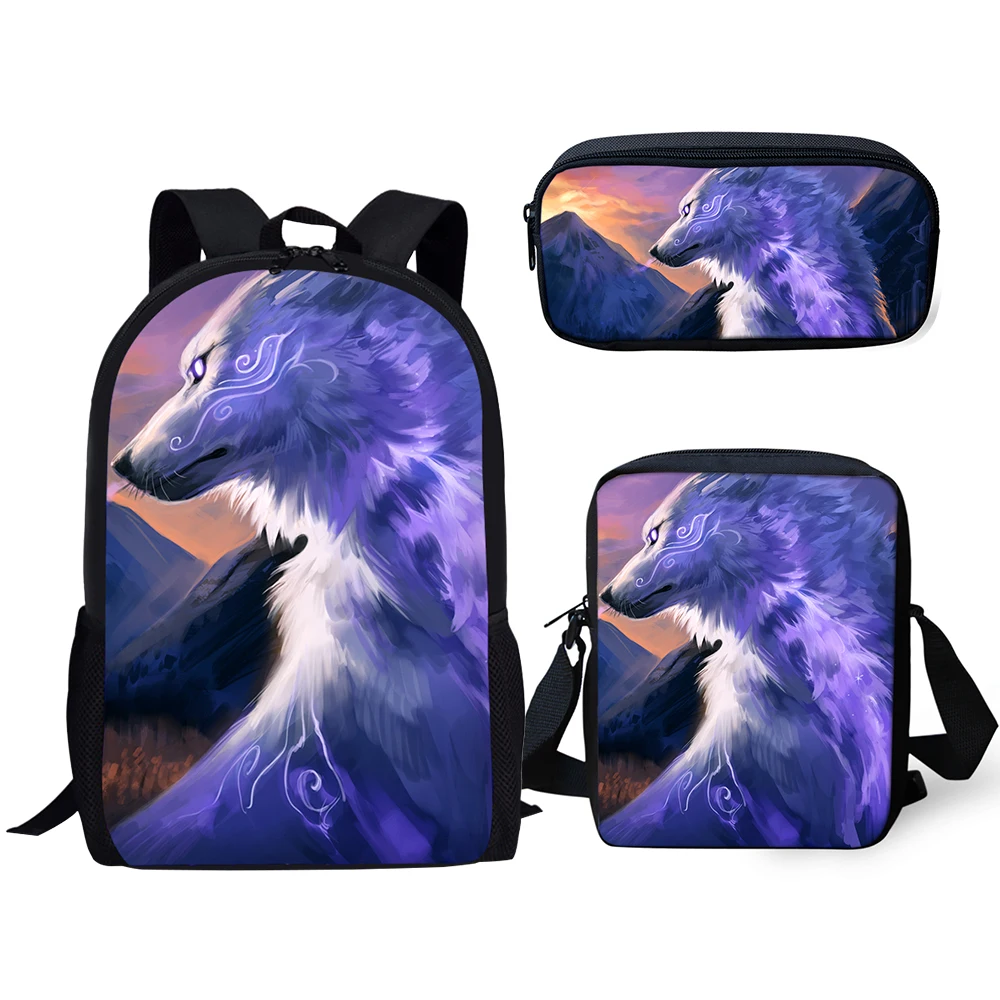 HaoYun Kids Backpacks Set Cute Wolf Prints Pattern School Bags Cartoon Animal Print Students 3PCs Backpack/Flaps Bag/Pen Bags