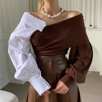 autumn women suit cross v neck strapless patchwork knitted blouse puff sleeve top and high waist midi length pu leather skirt