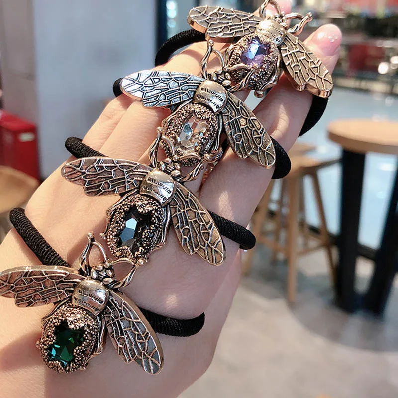 

2020 Korean Trend Popular Small Bee Hair Rope Temperament Retro Diamond Net Hair Ring Red ins Personality Head Rope Female