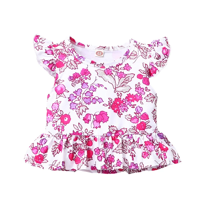 

2pcs Baby Girls Cotton Clothes Set,Children Girls Flower Print Fly Sleeve Tops and Solid Color Triangle Short Pants,3-18Months