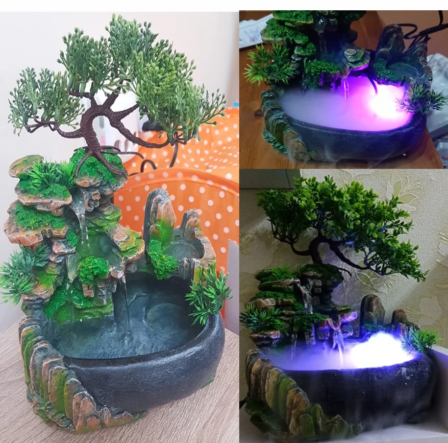 110-240V Creative Home Decoration Resin Rockery Waterscape Feng Shui Water Fountain Air Spray Green Plant Flowerpot Fish Tank | Бытовая