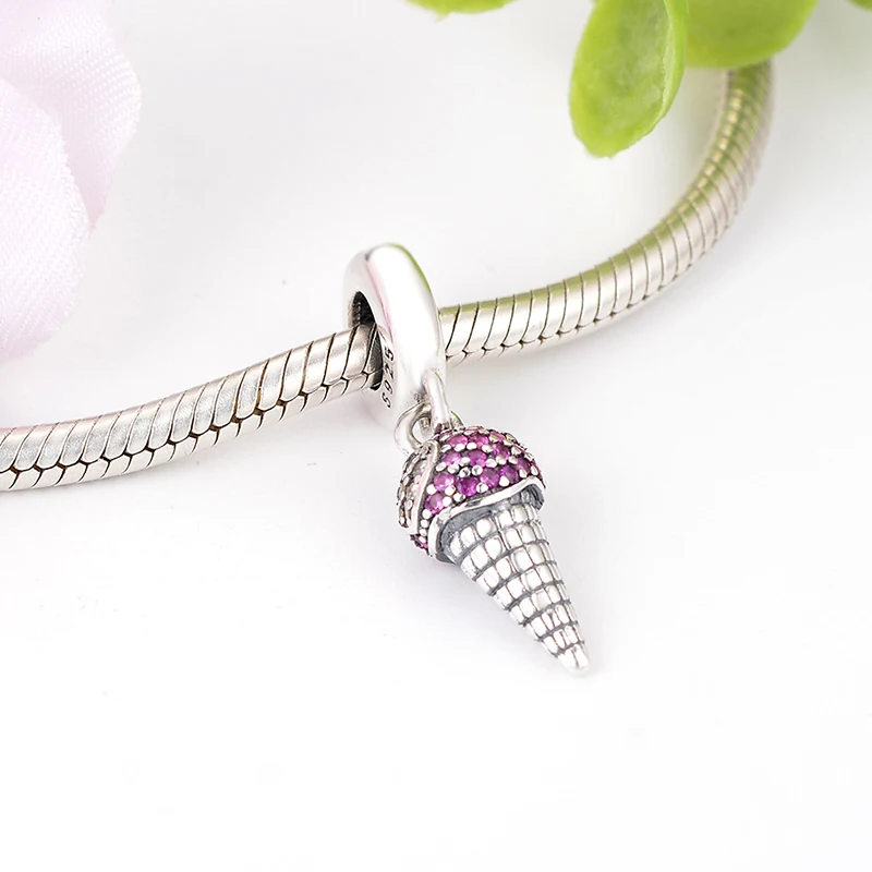 

Pave Ice Cream Cone Dangle Charm Fits Original Pandora Charm Bracelet 925 Sterling Silver Beads for Women DIY Jewelry Making