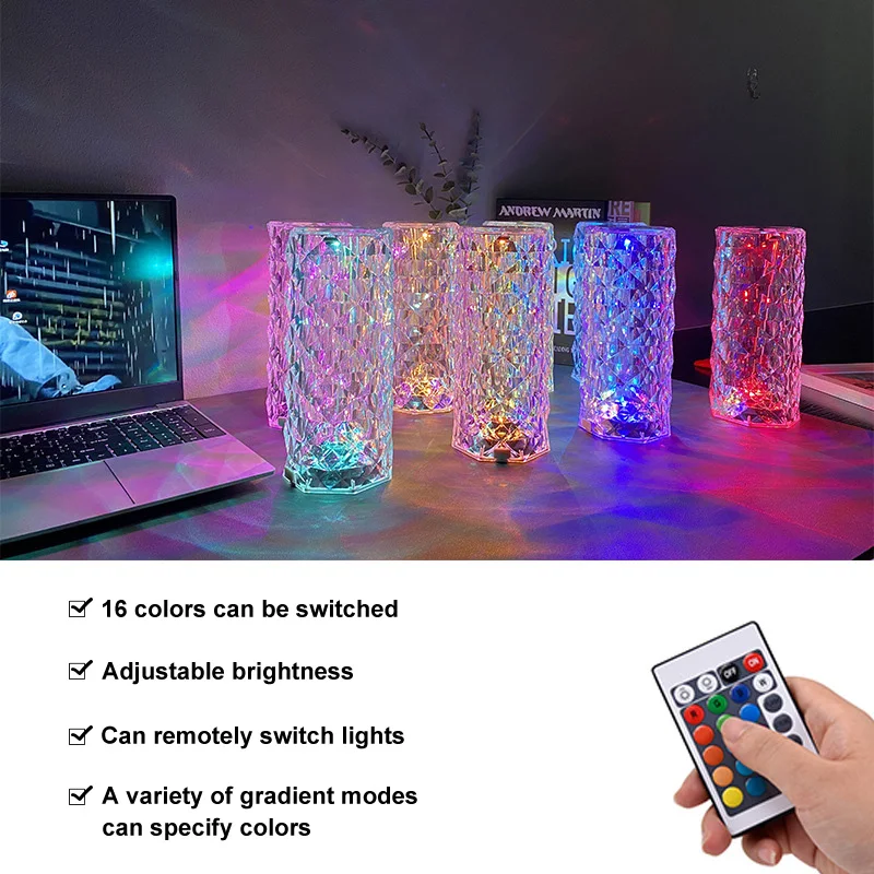 Multicolor Lamp Atmosphere Diamond Rose USB Table Desk Night Light Acrylic Crystal Lighting Gift Bar Decorative Bedroom Bedside | Лампы и