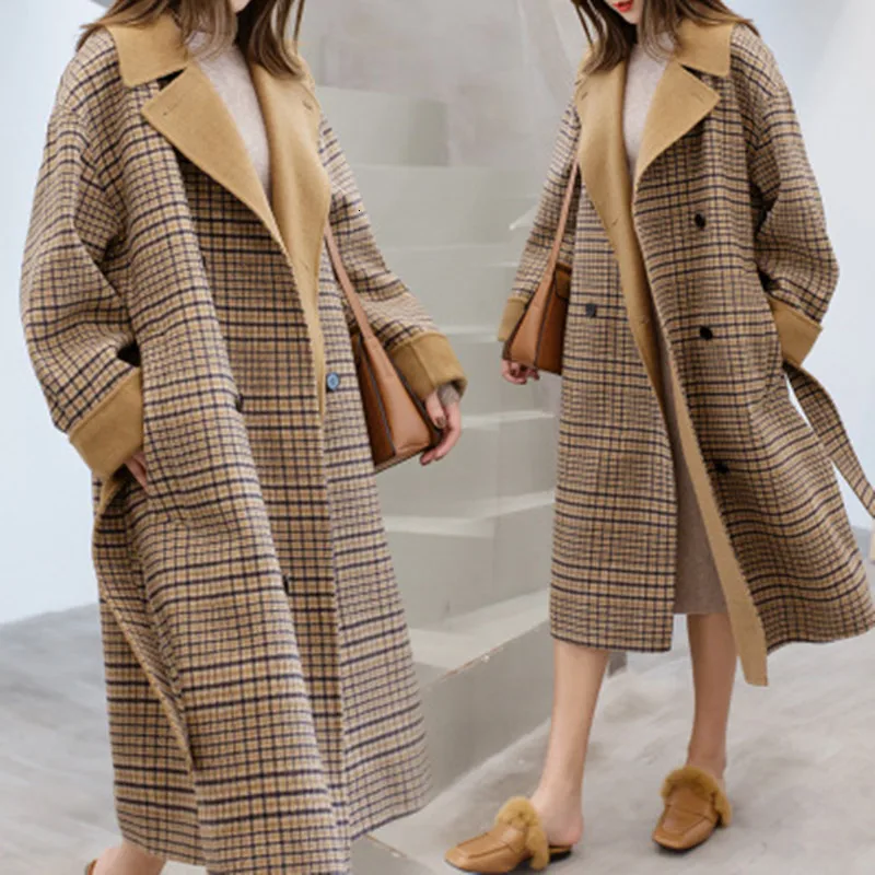 Winter Wool Coat Women 2019 Large Size Long Sleeve Hepburn Loose Woolen Outwear Fashion Plaid OverCoat | Женская одежда
