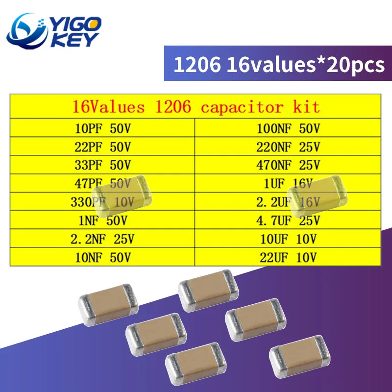 

Новый и оригинальный 16 значений * 20 шт. = 3 20 шт. 1206 SMD конденсатор в ассортименте 10 пФ ~ 22 мкФ компоненты Diy набор образцов