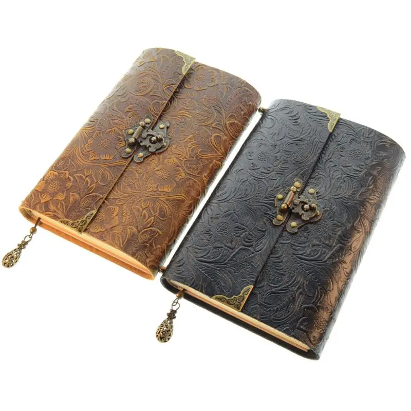 

Embossed Pattern Soft Leather Travel Notebook with lock Key Diary Notepad Kraft Paper for Sketching Writing