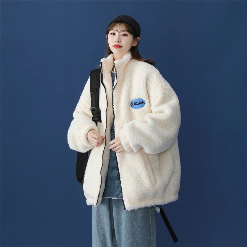 

2022 Casual Lamb Wool Coat Stand-up Collar Outer Wear Women Autumn Winter Harajuku Faux Fur Jackets Girls tops TD302