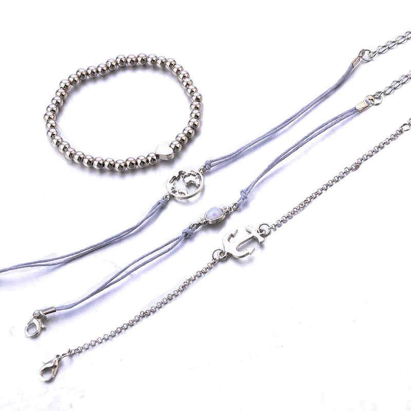 4 Pcs/Set Chians Bracelets Sets World Map Heart Beads Opal Handmade Rope Bracelet Trendy Accessories Jewelry Party Gifts | Украшения и