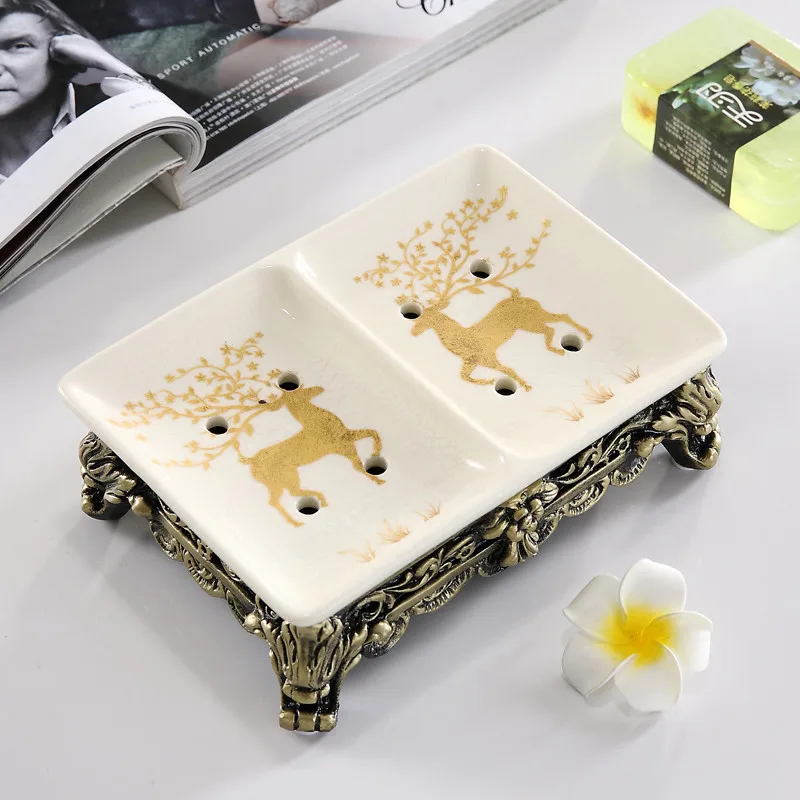 

Bathroom Portable Soap Dishes Ceramics Drain Soap Box With Resin Carved Base Double Case Type Bath Hardware Nordic Style