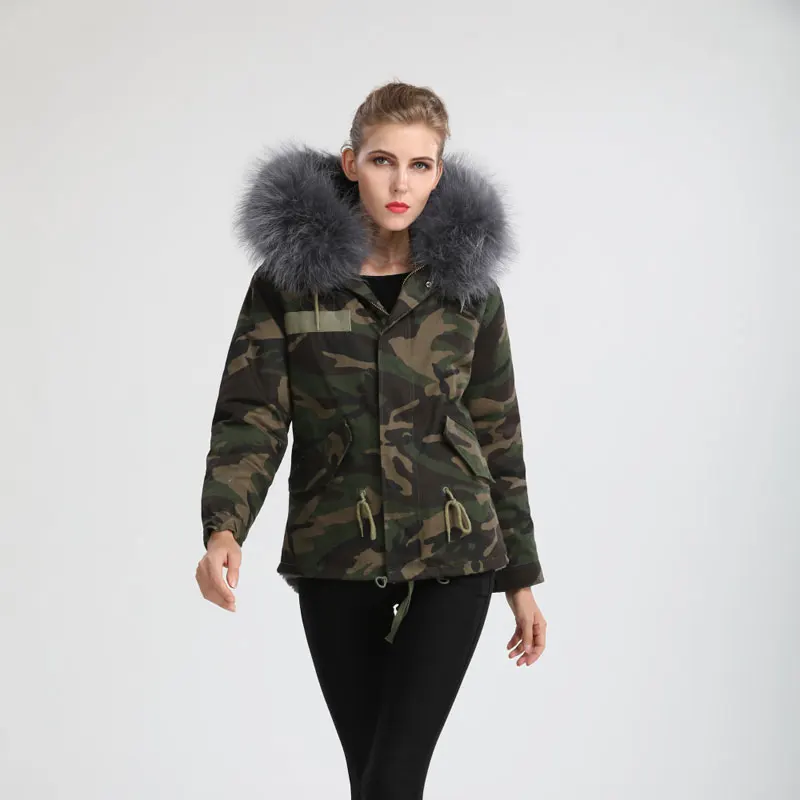 Женская камуфляжная куртка из натурального меха кролика с мехом енота | одежда