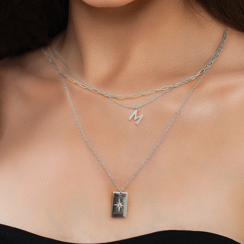 

GS 925 Sterling Silver Zircon Rectangle Pendant Necklace For Women Round Disc Bee Pattern Charm Necklace Choker Fine Jewelry