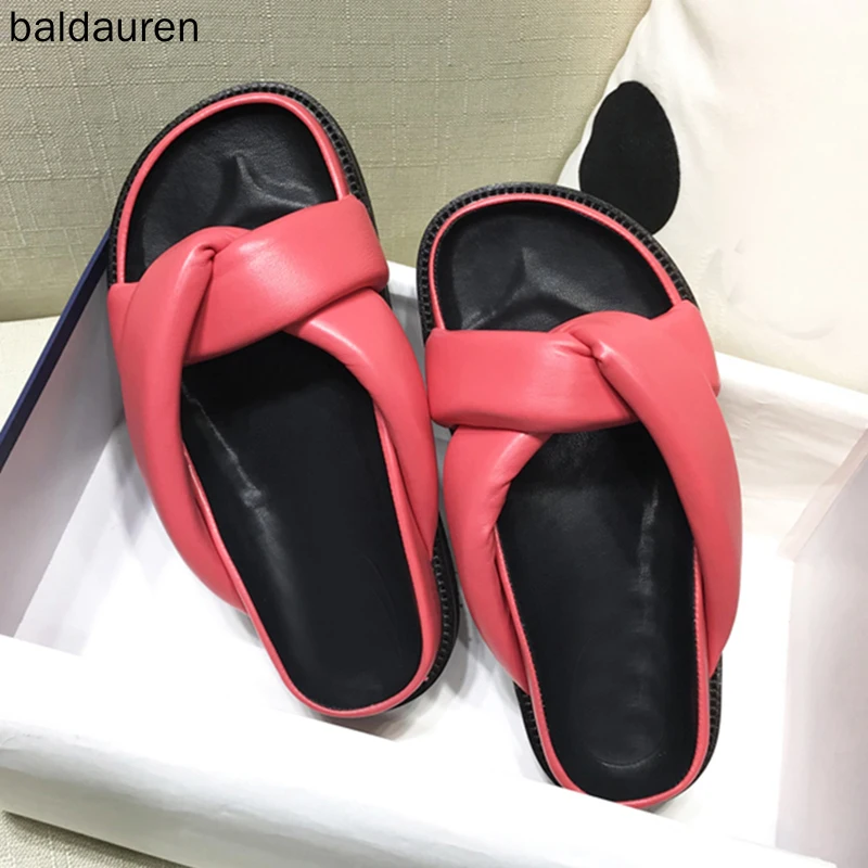 

Fashion Platform Slippers Women Cross Belt Soft Genuine Leather Beach Flip Flops Lazy Mullers Outdoor Shoes Comfortable Sandals