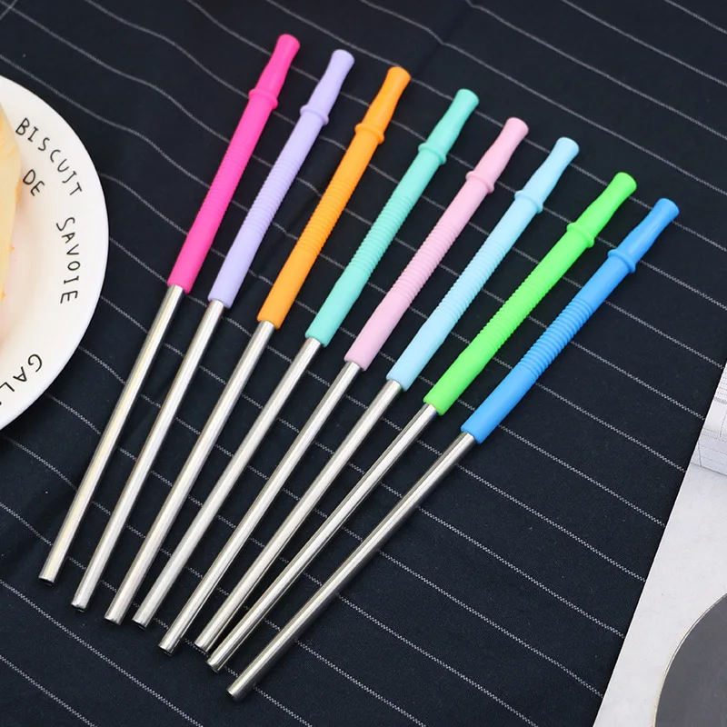 

EcoSlicone+Stainless Steel Combination Straws Metal Party Drinking Straws Long Sliver Straight Straw Set Bar ar Cocktail 21.5 cm