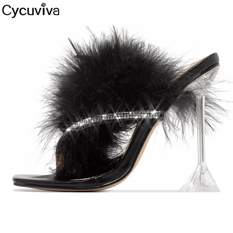 

New Crystal Mules Flip Flops Shoes Women Black Fur Slippers Femme Clear Strange Heels Slides Ladies Shoes Summer Sandals Woman