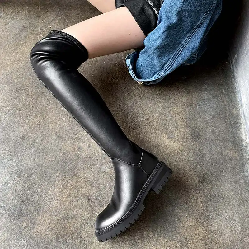 

Lenkisen equestrian boots natural leather stretch fashion modern thick med heel round toe zipper mature over the knee boots L88