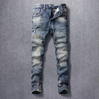 european street fashion men jeans retro blue elastic slim fit ripped jeans men embroidery designer hip hop casual denim pants