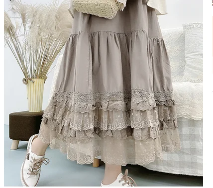 

Юбка женская хлопковая свободного покроя, однотонная Повседневная в литературном ретро-стиле с кружевом, Mori Girl, на лето