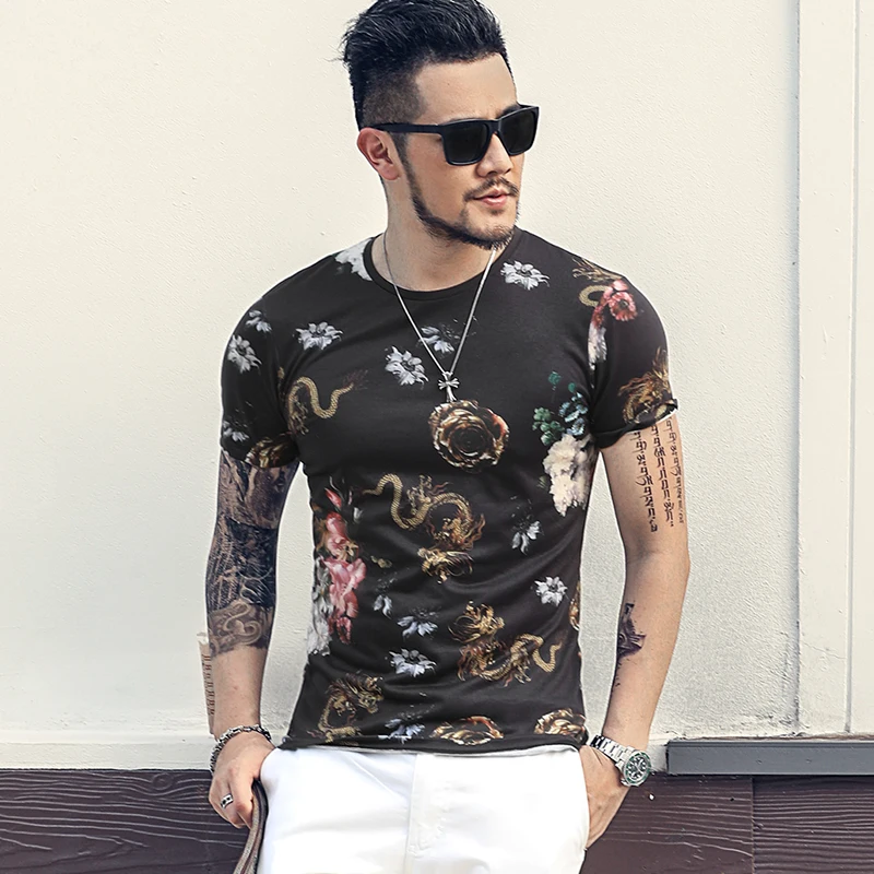 Мужская хлопковая футболка с короткими рукавами летняя Приталенная цветочным