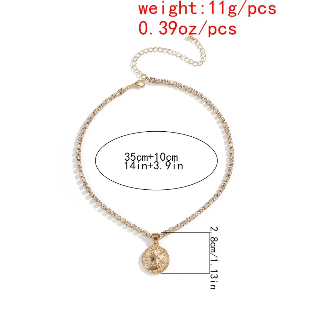 

Salircon Luxury Rhinestone Pendant Necklace Carved Coin Choker Figure Medallion Necklaces for Women Boho Tennis Chain Jewelry