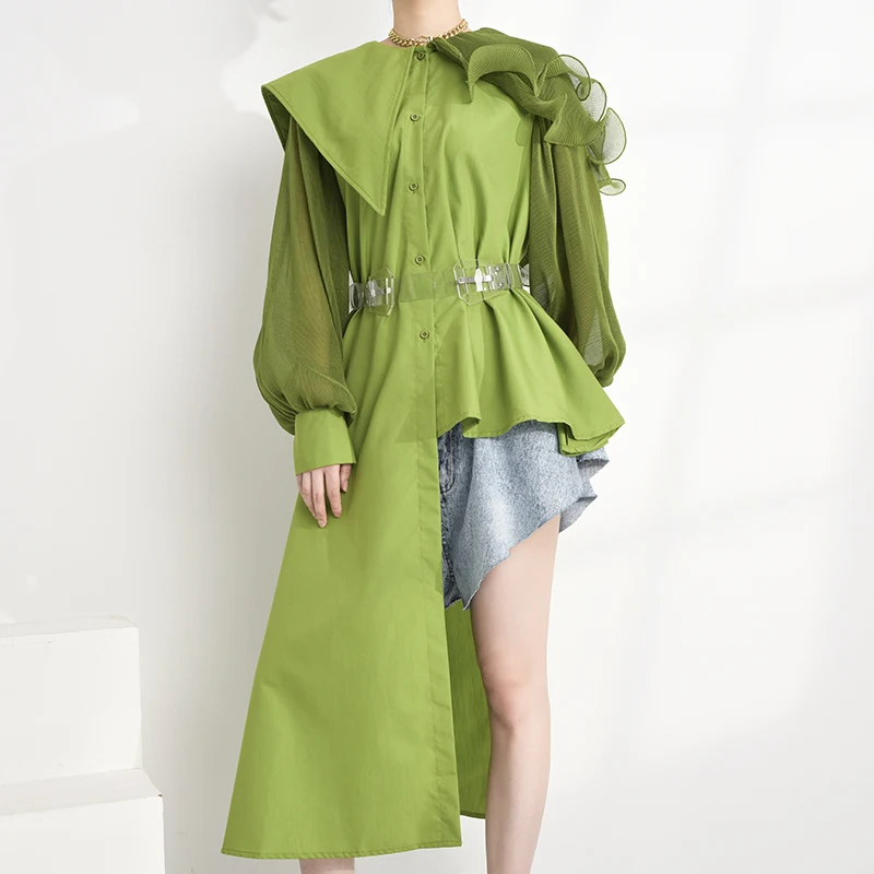 [EAM] женская зеленая плиссированная Асимметричная Длинная блузка новая свободная