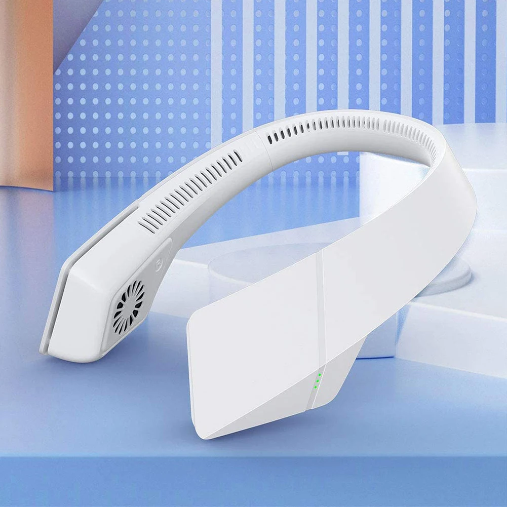 

Cute Leafless Neck Fan 2400mAh Rechargeable Portable Hanging Neck Fan With USB Hands Free 360Â°Lazy Neckband Silent Fan White