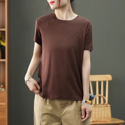 

Футболка HAN с коротким рукавом, женская летняя Новинка, разноцветная, из ледяного шелка, с круглым вырезом, свободные и тонкие, простая и Повс...