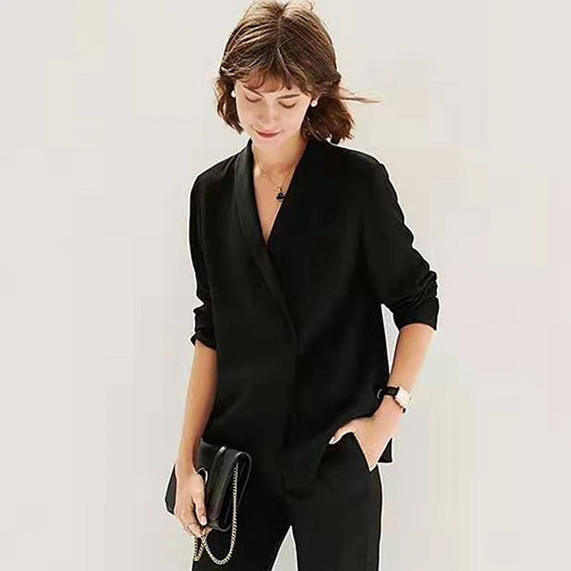 100% Double layer Silk Blouse Formal Shirt Solid Deep V-Neck Long Sleeves Office Tops Elegant Style New Fashion