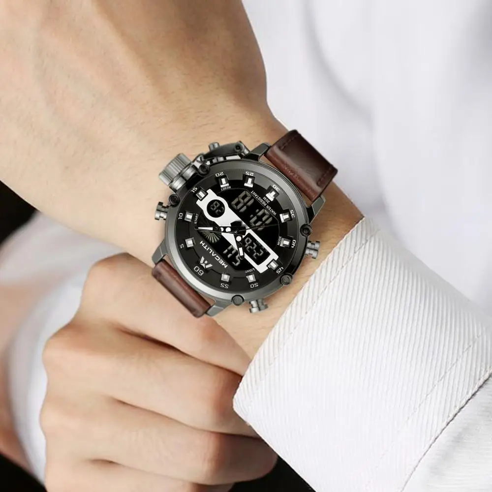 Мегалитическая мужские часы Водонепроницаемый спортивные кварцевые с кожаным