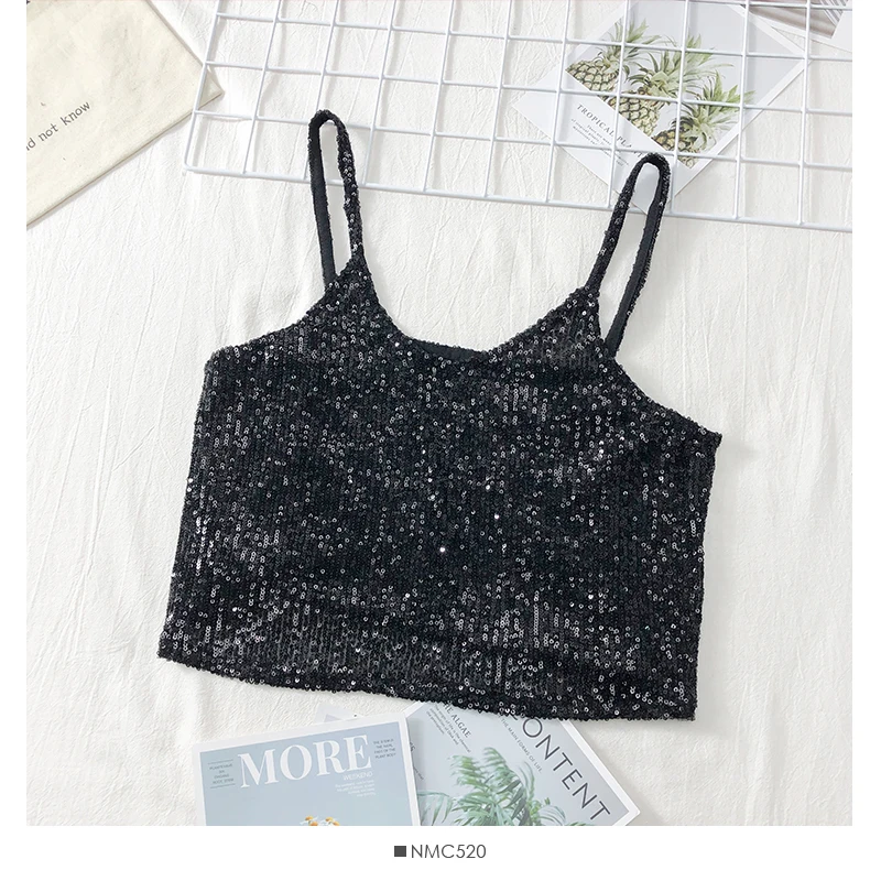 black tops MUMUZI, лето, новинка, расшитые блестками топы-спагетти, шикарные блестки, бамбук, хлопок, черная футболка, женская, без рукавов, для ночного клуба, укороченный топ - Цвет: black tops
