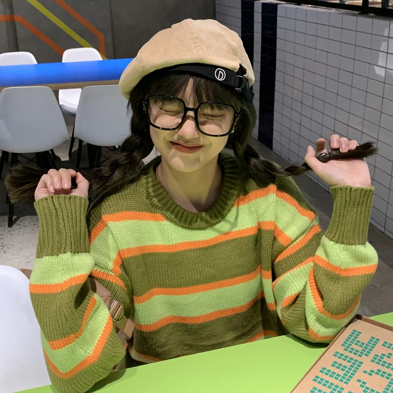 

2020 autumn korean style Pullovers Sweaters Korean style striped Knitted Sweater and pullover womens (C9876)